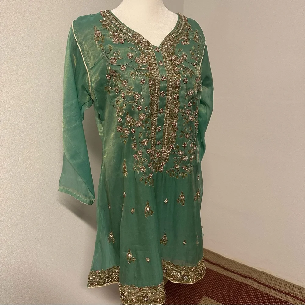 Two piece formal salwar kameez in a soft sea-green shade with intricate gold - Picture 2 of 9